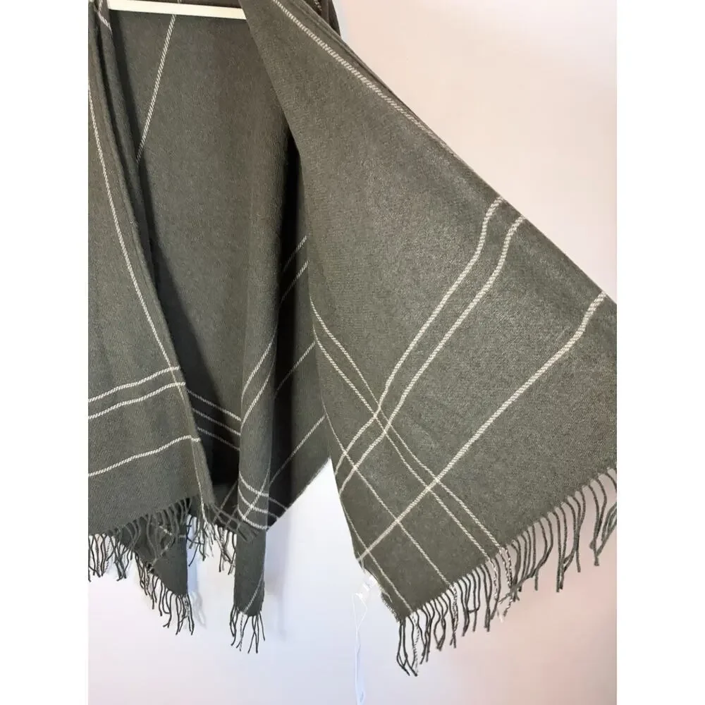 Eileen Fisher Wool Twill Green Plaid Wrap Fringe $188 NWT